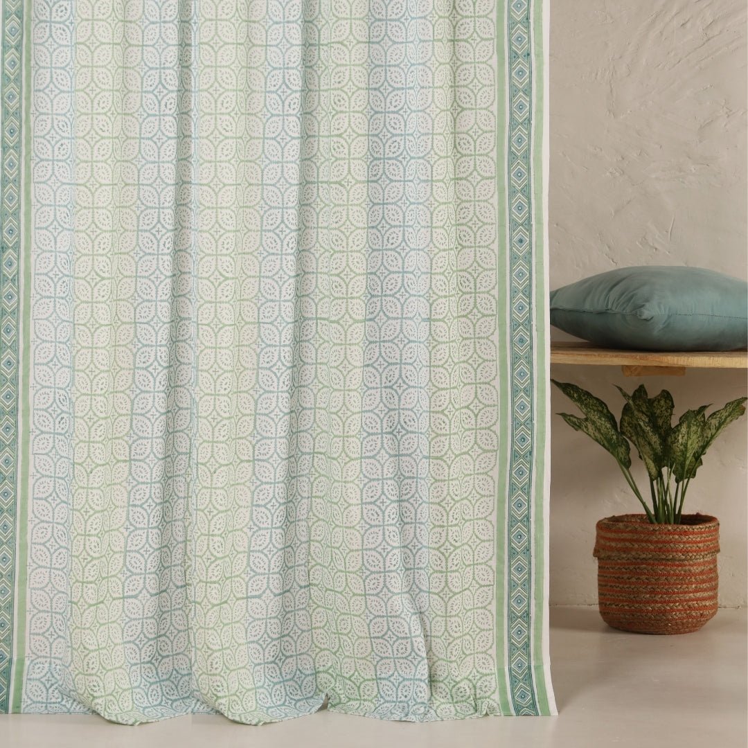Sheer Cotton Window And Door Curtains With Hand Block Print In Light Green & White | 5 / 7 ft|  Handmade In India