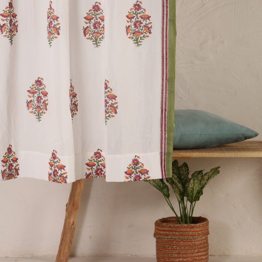 Sheer Cotton Window And Door Curtains With Hand Block Printed Floral Pattern | 5 / 7 ft|  Handmade In India