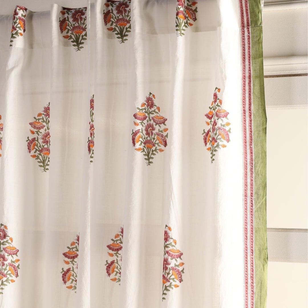 Sheer Cotton Window And Door Curtains With Hand Block Printed Floral Pattern | 5 / 7 ft|  Handmade In India
