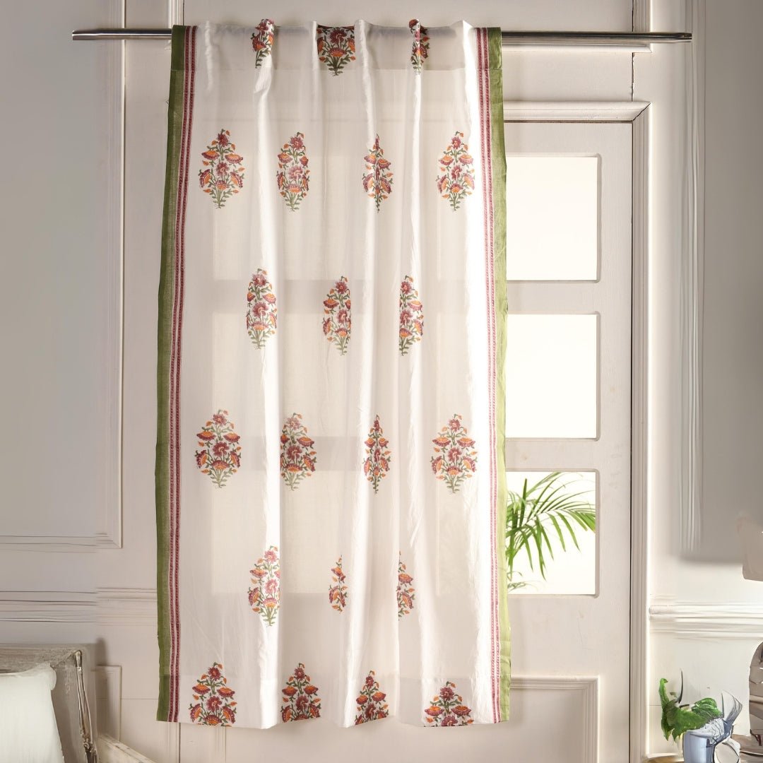Sheer Cotton Window And Door Curtains With Hand Block Printed Floral Pattern | 5 / 7 ft|  Handmade In India