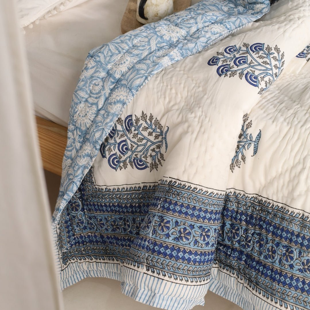 Single Bed Quilt In Fine Cotton | Reversible Hand Block Printed Blue Mist Jaipuri Razai | Handmade In India