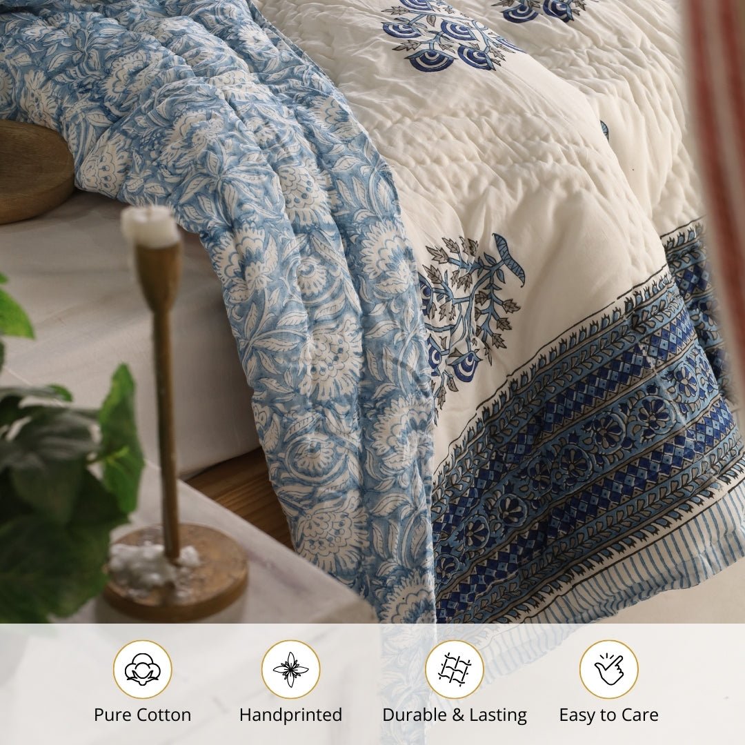 Single Bed Quilt In Fine Cotton | Reversible Hand Block Printed Blue Mist Jaipuri Razai | Handmade In India