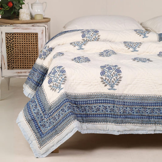 Single Bed Quilt In Fine Cotton | Reversible Hand Block Printed Blue Mist Jaipuri Razai | Handmade In India