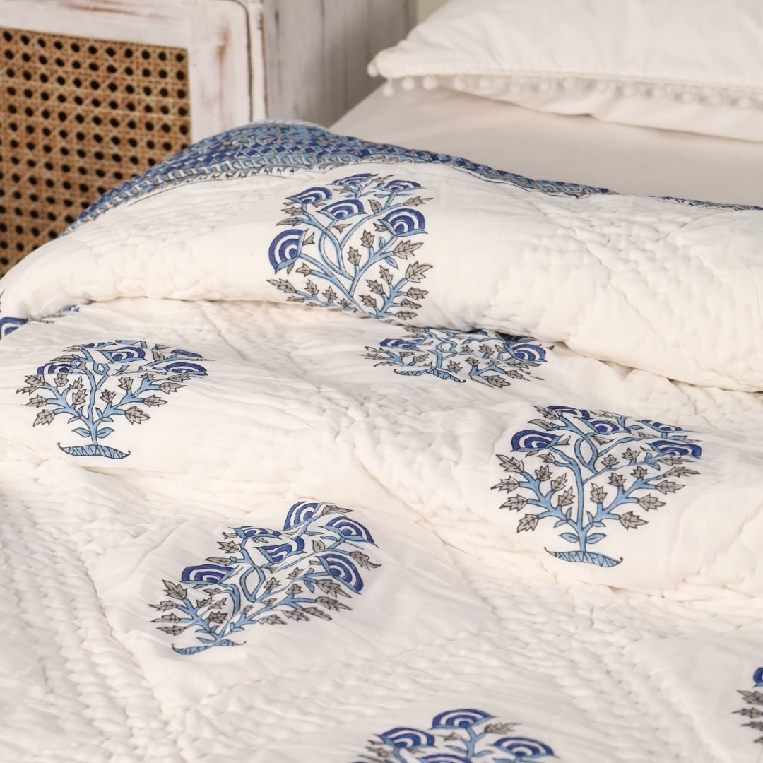 Single Bed Quilt In Fine Cotton | Reversible Hand Block Printed Blue Mist Jaipuri Razai | Handmade In India