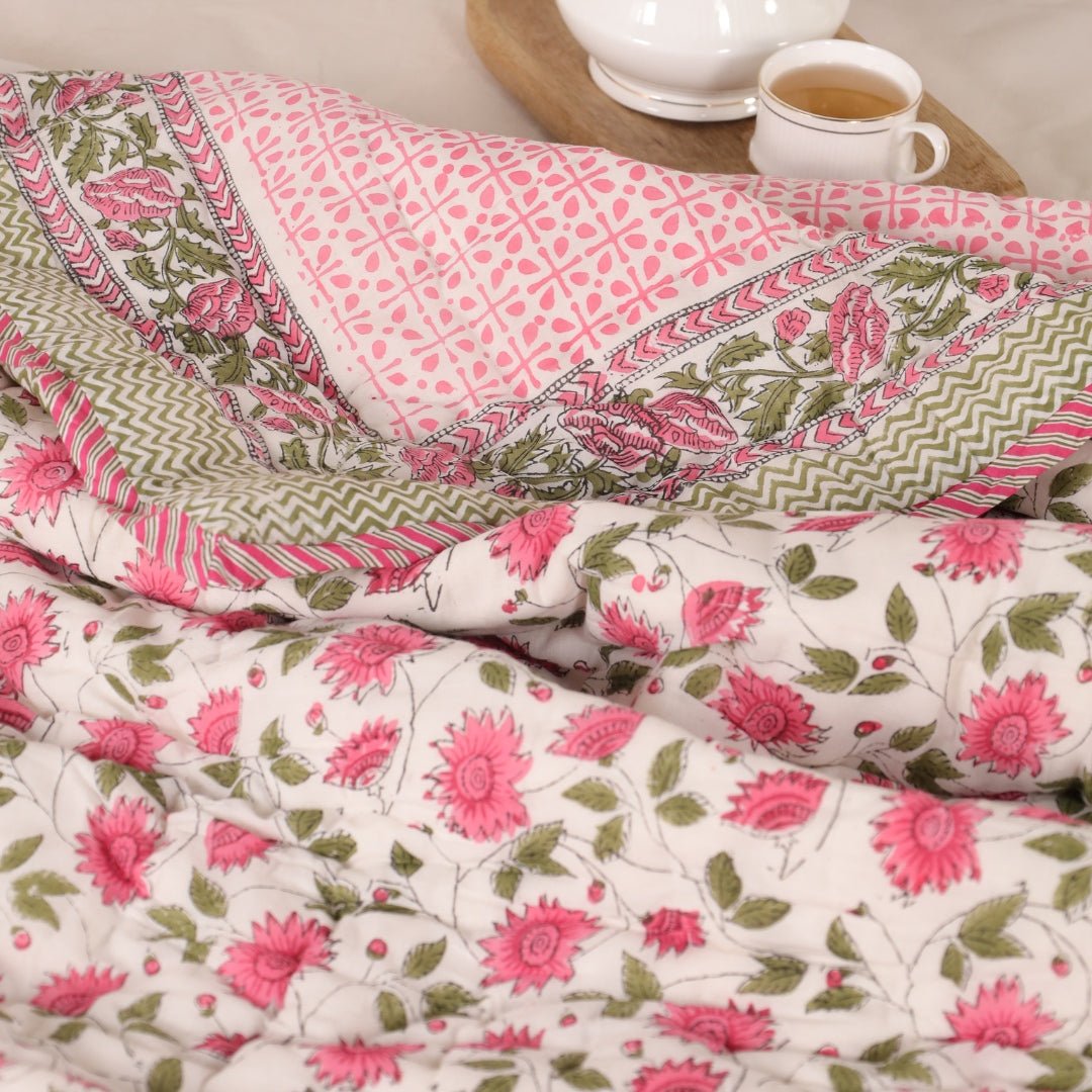 Single Bed Quilt in Fine Cotton | Reversible Hand Block Printed Floral Pink Jaipuri Razai | Handmade in India