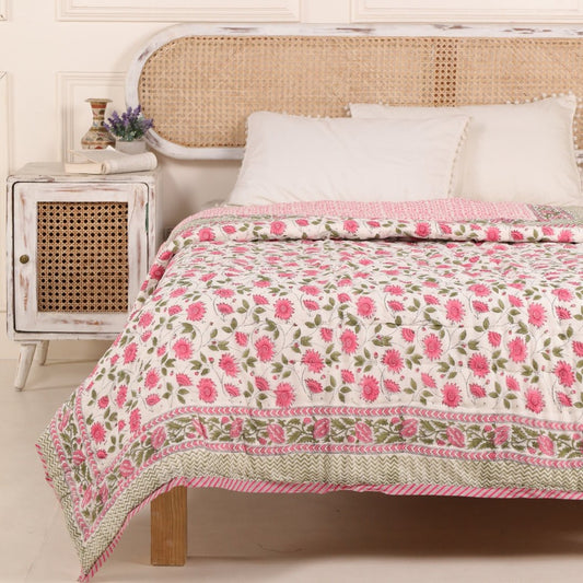 Single Bed Quilt in Fine Cotton | Reversible Hand Block Printed Floral Pink Jaipuri Razai | Handmade in India