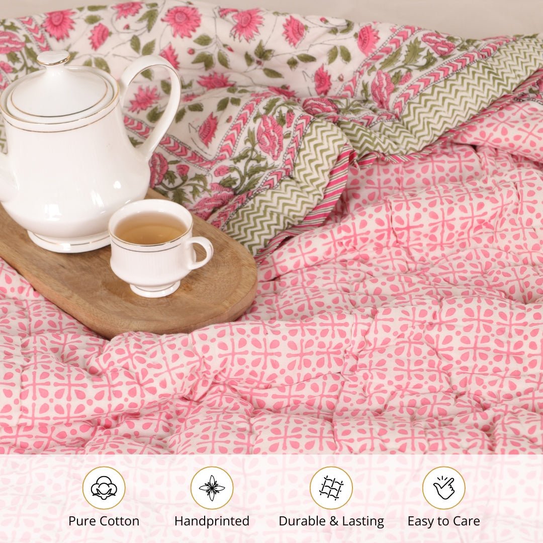 Single Bed Quilt in Fine Cotton | Reversible Hand Block Printed Floral Pink Jaipuri Razai | Handmade in India