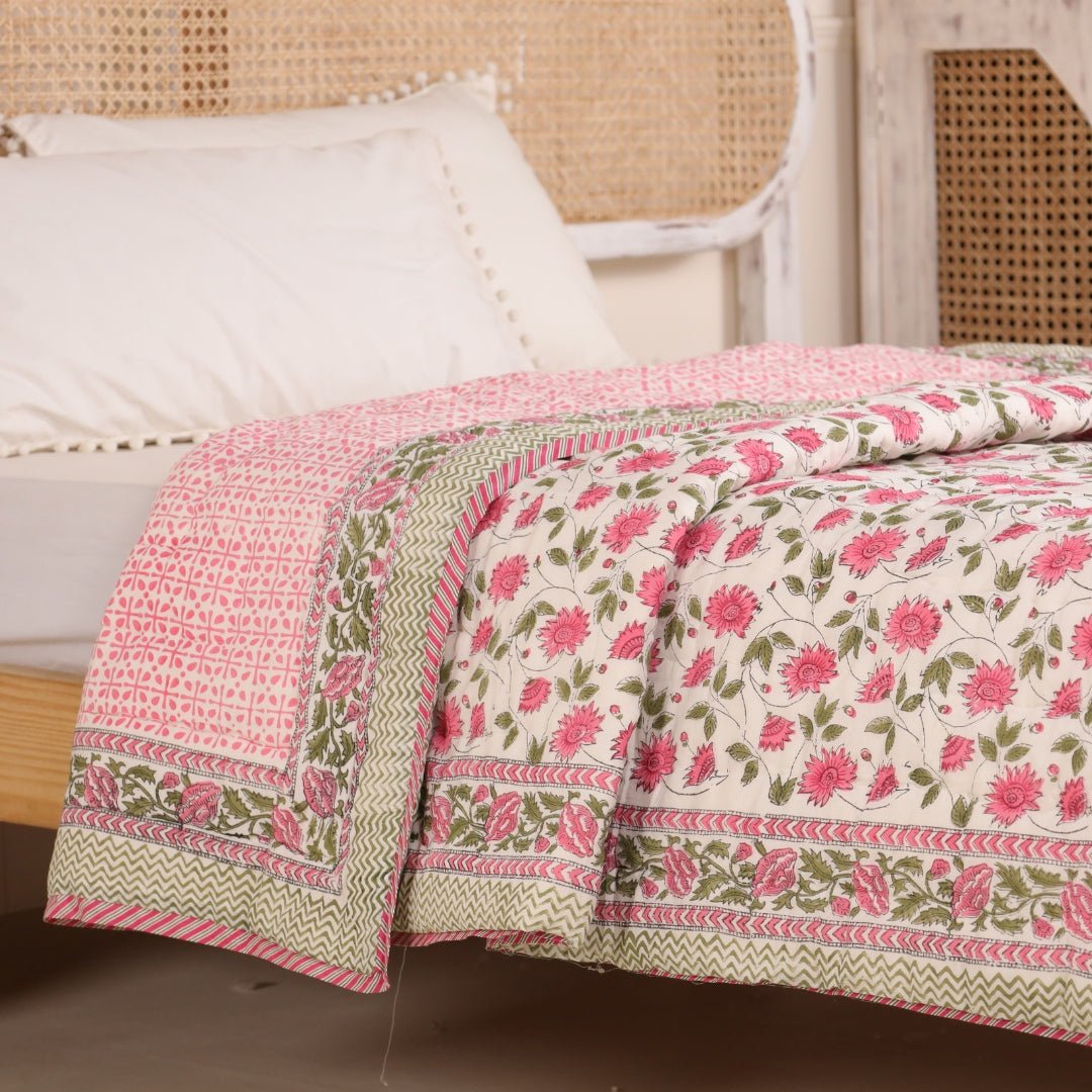 Single Bed Quilt in Fine Cotton | Reversible Hand Block Printed Floral Pink Jaipuri Razai | Handmade in India