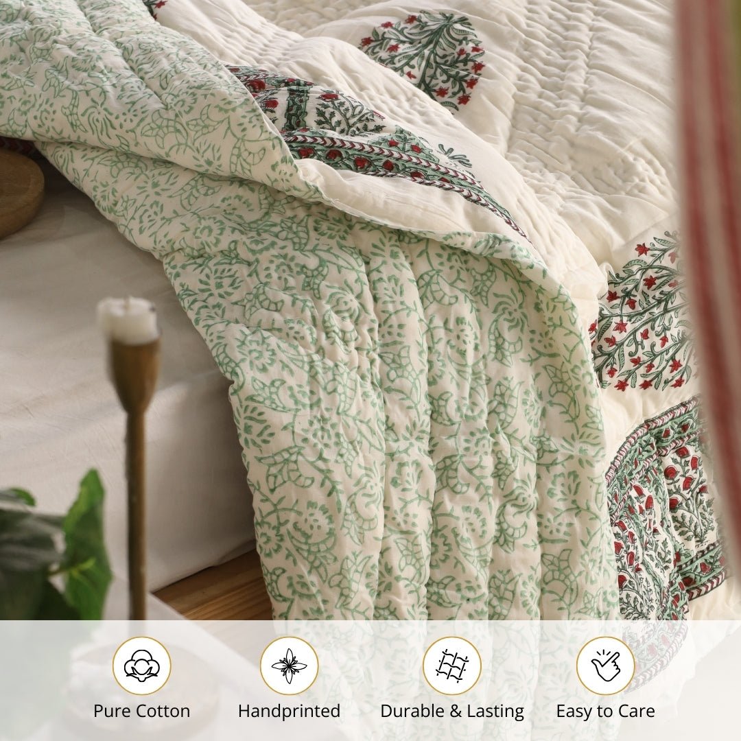 Single Bed Quilt In Fine Cotton | Reversible Hand Block Printed Mughal Florals Jaipuri Razai | Handmade In India