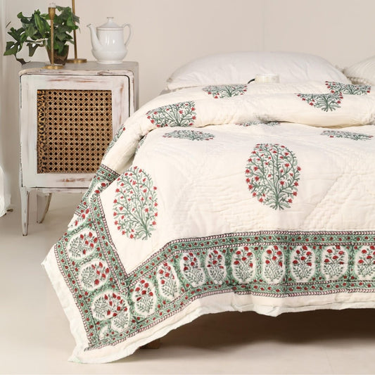 Single Bed Quilt In Fine Cotton | Reversible Hand Block Printed Mughal Florals Jaipuri Razai | Handmade In India