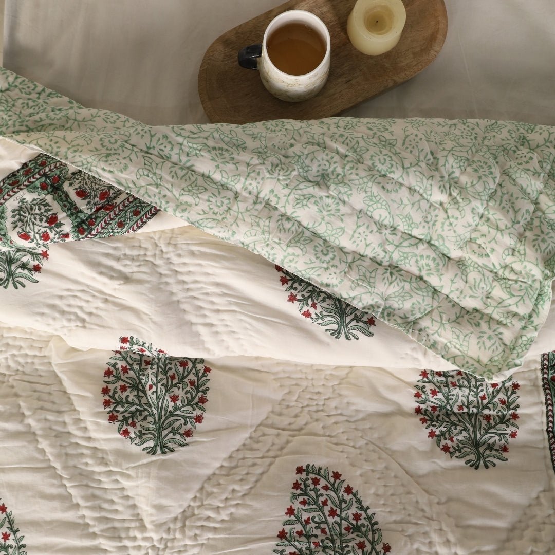 Single Bed Quilt In Fine Cotton | Reversible Hand Block Printed Mughal Florals Jaipuri Razai | Handmade In India
