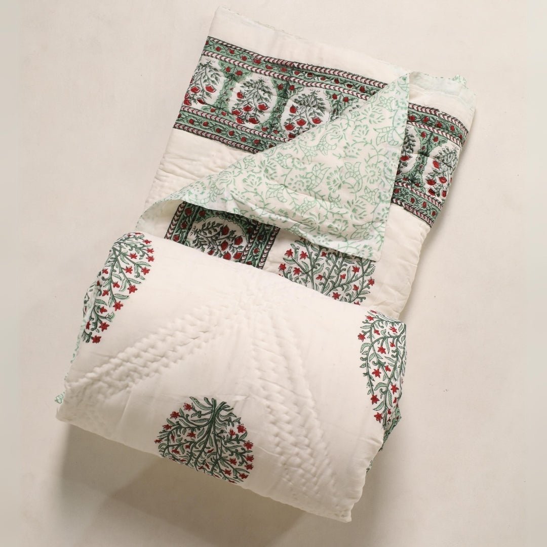 Single Bed Quilt In Fine Cotton | Reversible Hand Block Printed Mughal Florals Jaipuri Razai | Handmade In India