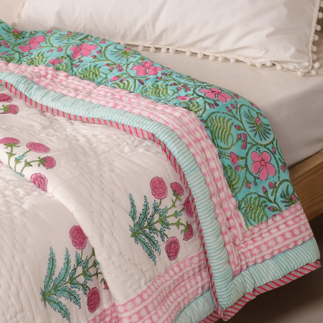 Single Bed Quilt In Fine Cotton | Reversible Hand Block Printed Turquoise Jaipuri Razai | Handmade In India
