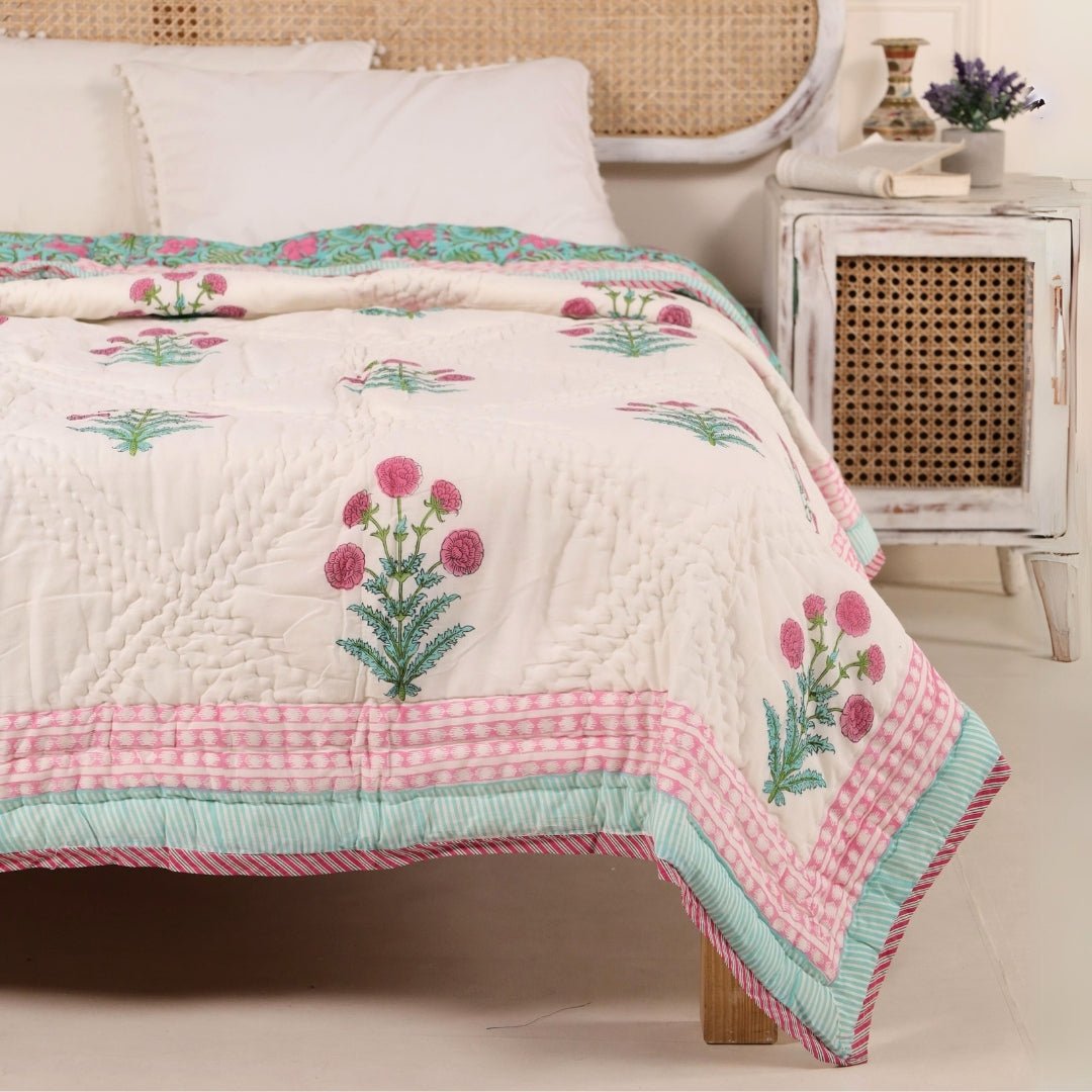 Single Bed Quilt In Fine Cotton | Reversible Hand Block Printed Turquoise Jaipuri Razai | Handmade In India