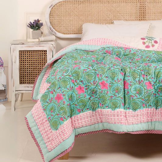 Single Bed Quilt In Fine Cotton | Reversible Hand Block Printed Turquoise Jaipuri Razai | Handmade In India