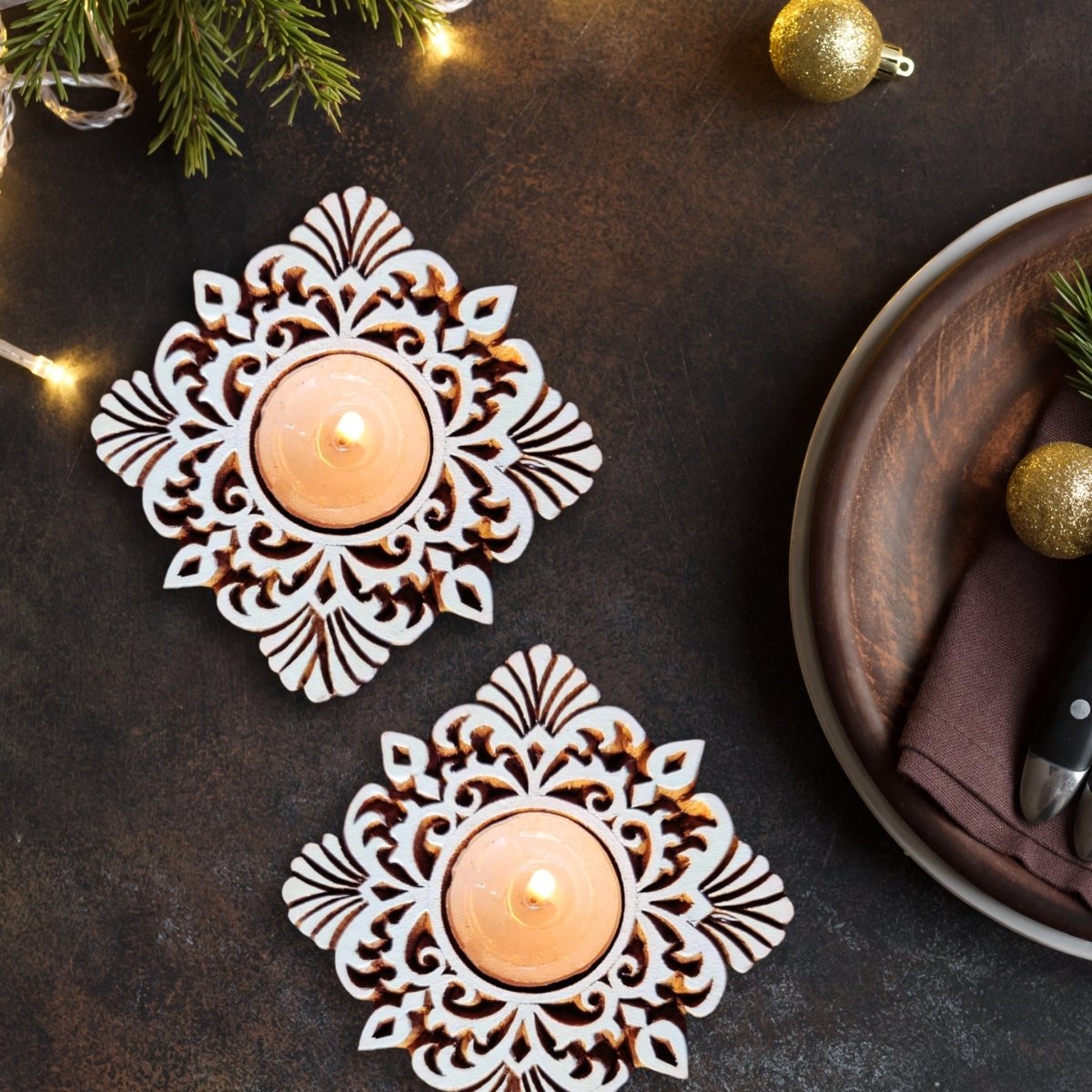Artisanal Square Wooden Tealight Holder - Hand Engraved Candle Stand