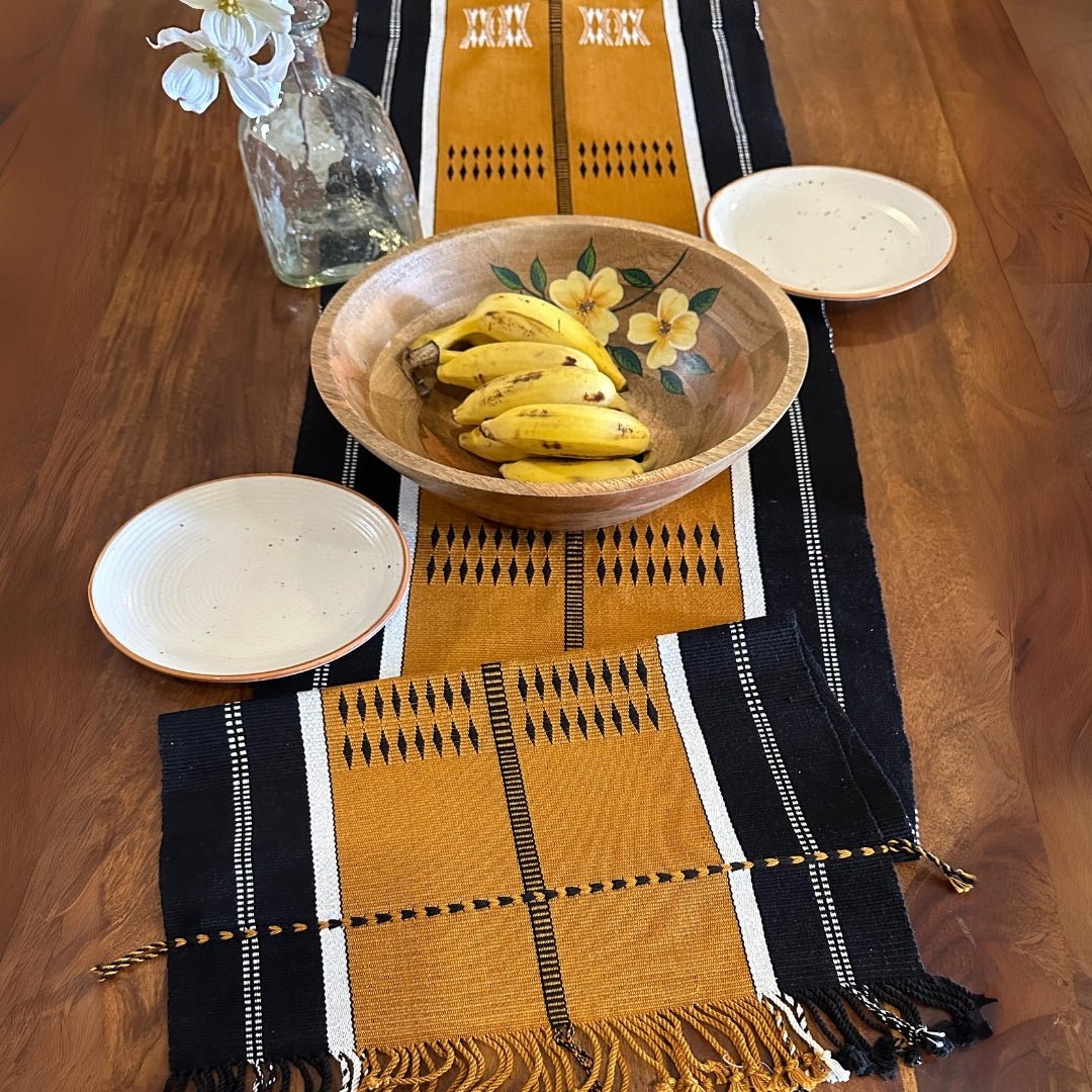 Table Runner In Mustard & Black | Eco Friendly Sustainable Embroidered Tableware | Handmade In India