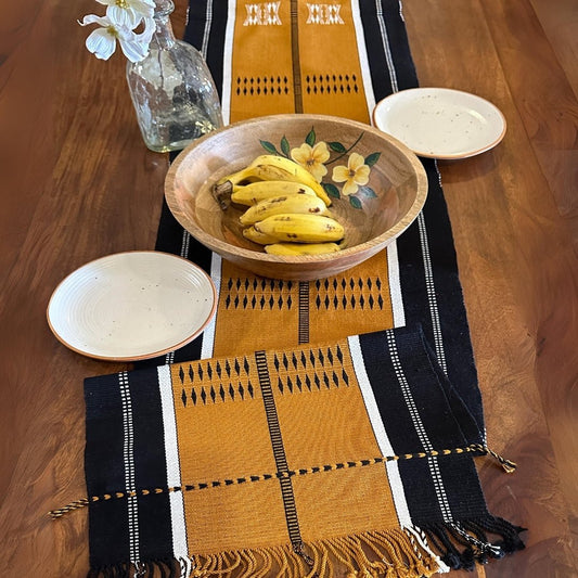 Table Runner In Mustard & Black | Eco Friendly Sustainable Embroidered Tableware | Handmade In India