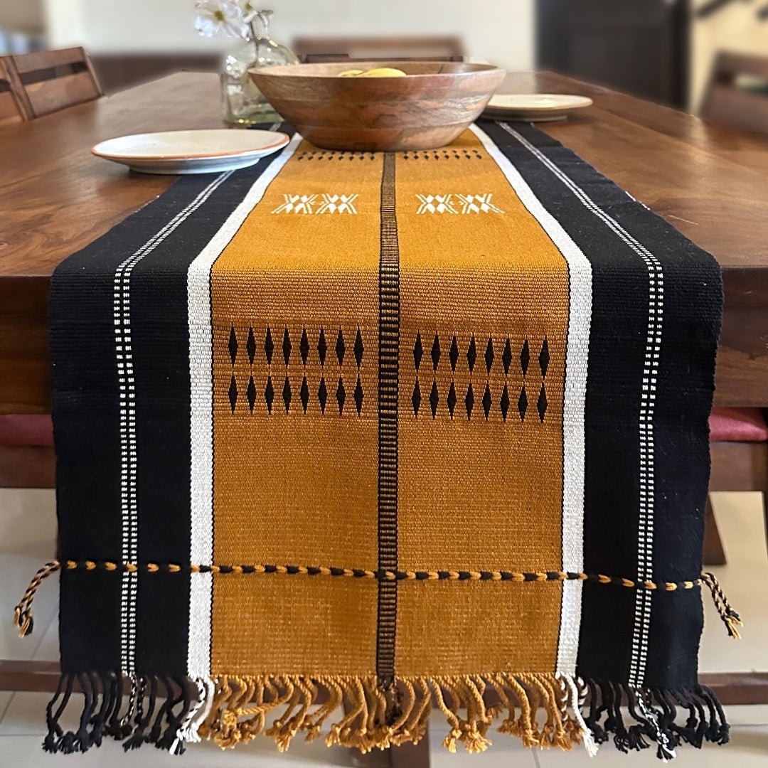 Table Runner In Mustard & Black | Eco Friendly Sustainable Embroidered Tableware | Handmade In India