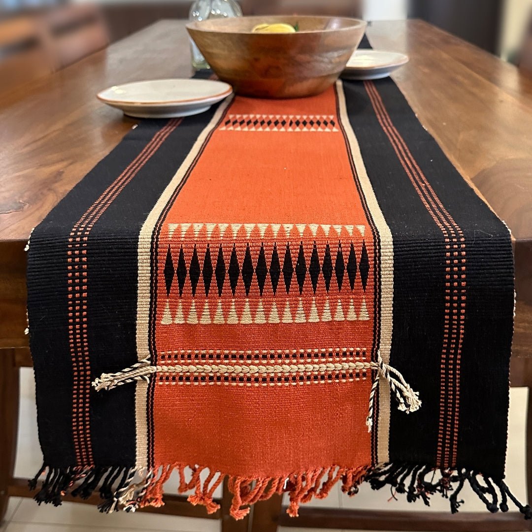 Table Runner In Rust & Black With Tangerine Striped | Eco Friendly Sustainable Embroidered Tableware | Handmade In India