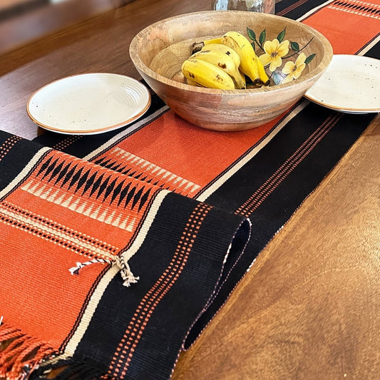 Table Runner In Rust & Black With Tangerine Striped | Eco Friendly Sustainable Embroidered Tableware | Handmade In India