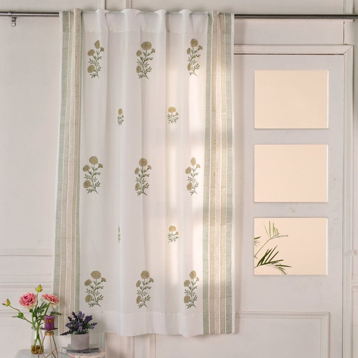 Taupe and Olive Green Sheer Cotton Window And Door Curtains | 5 / 7 ft | Marigold Collection