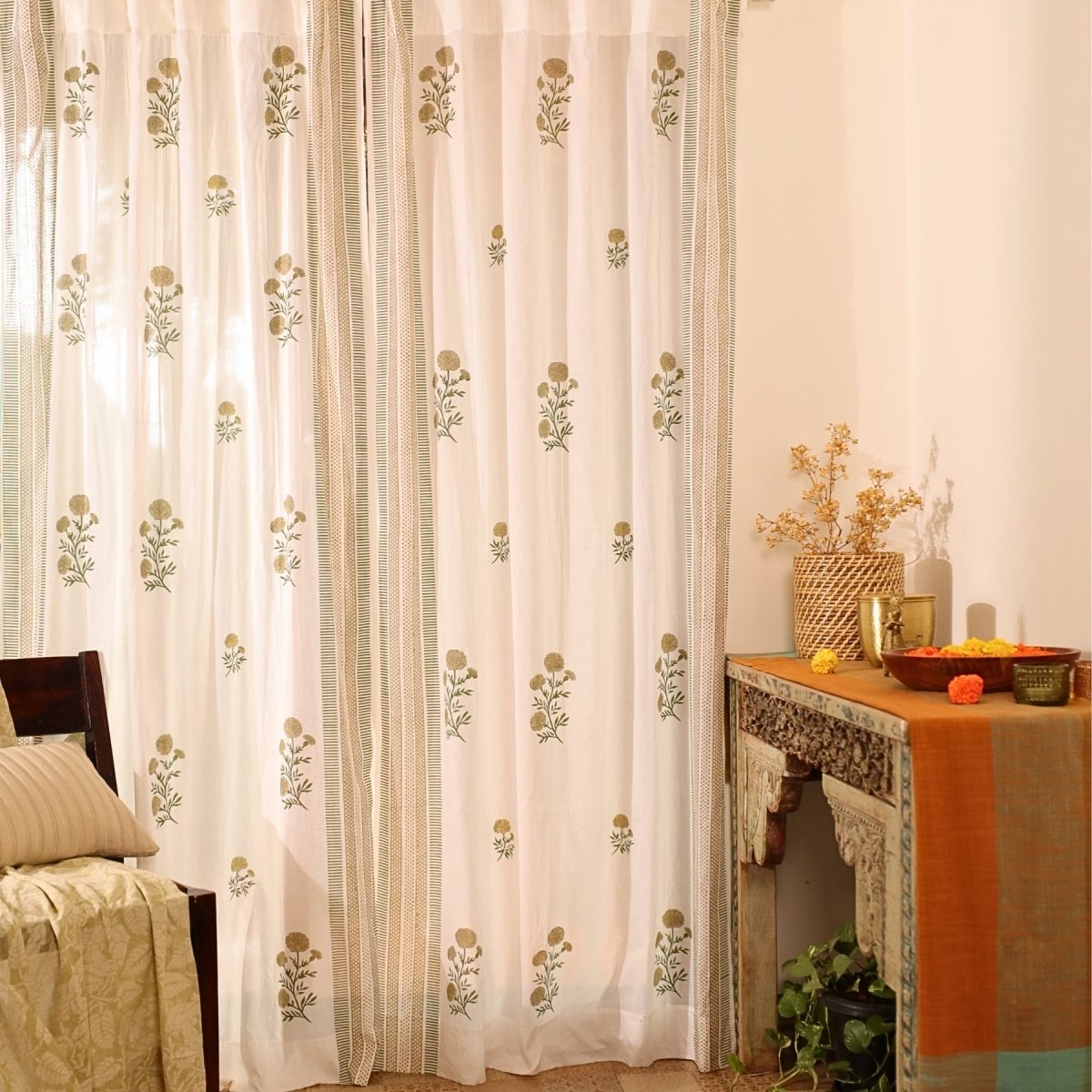 Taupe and Olive Green Sheer Cotton Window And Door Curtains | 5 / 7 ft | Marigold Collection