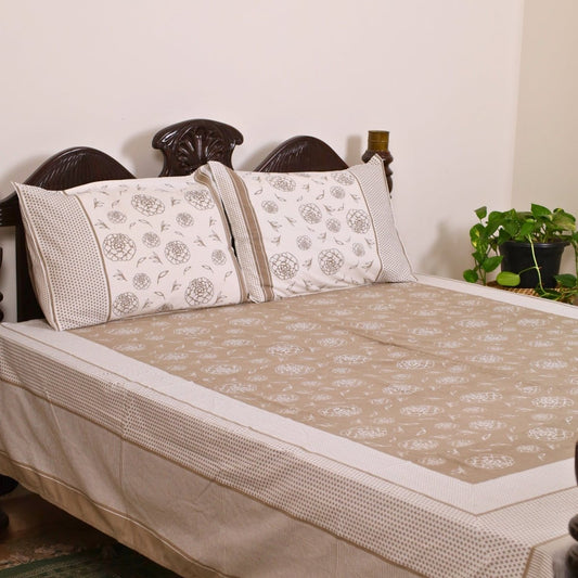 Taupe & Off White Cotton Bedsheet with Pillow Cover | Marigold Collection