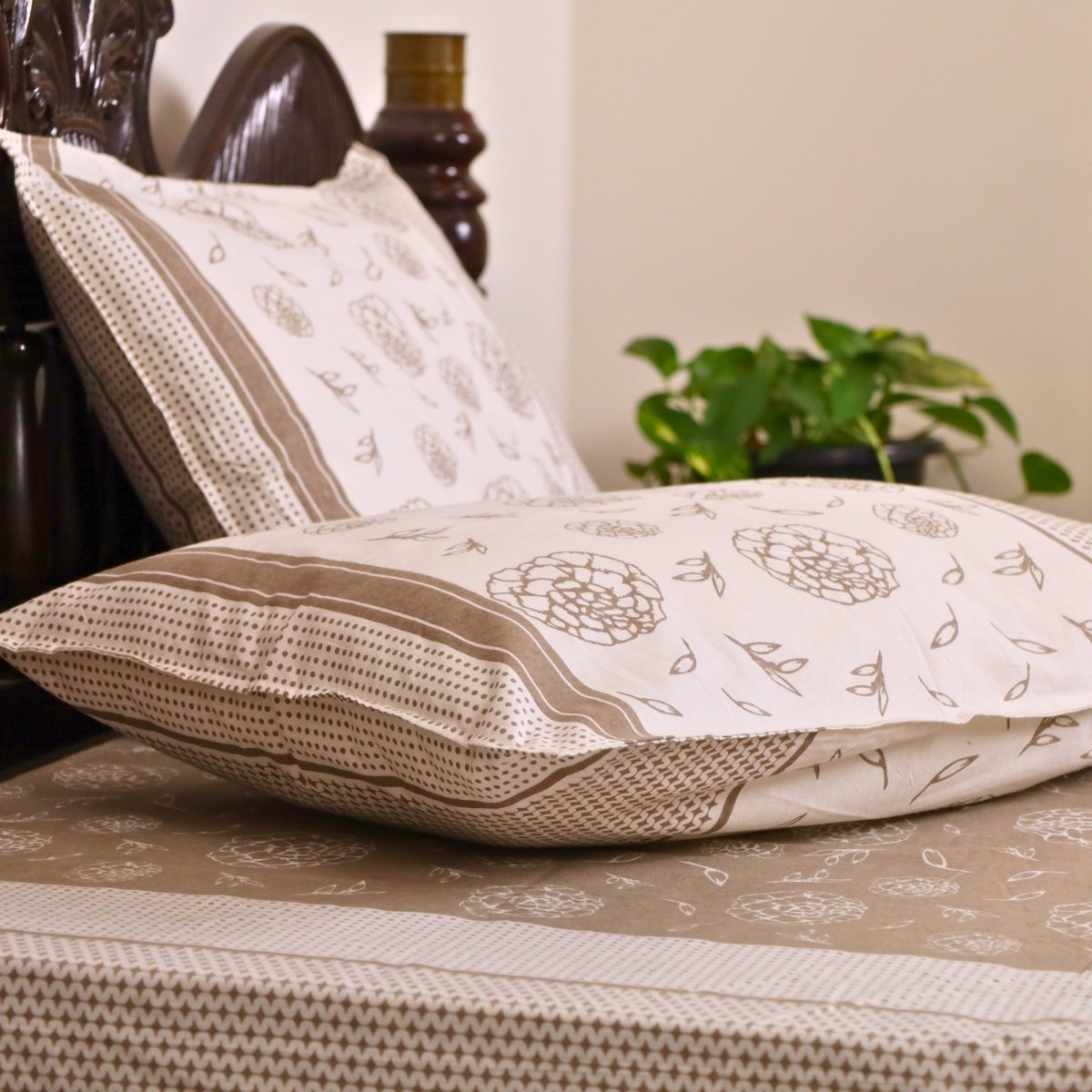 Taupe & Off White Cotton Bedsheet with Pillow Cover | Marigold Collection