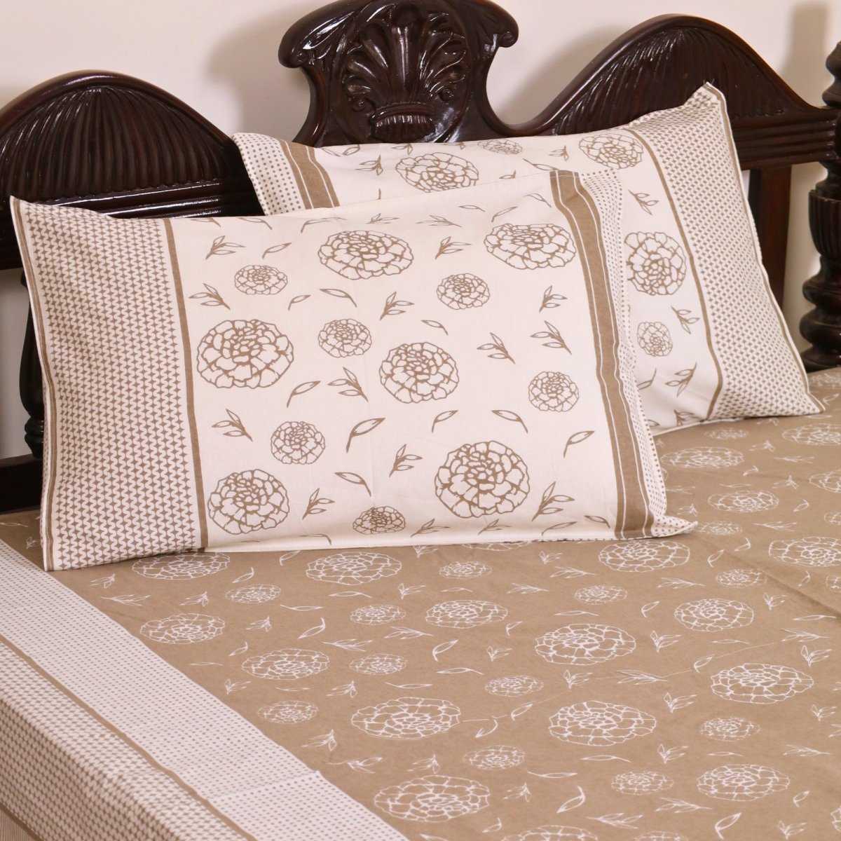 Taupe & Off White Cotton Bedsheet with Pillow Cover | Marigold Collection