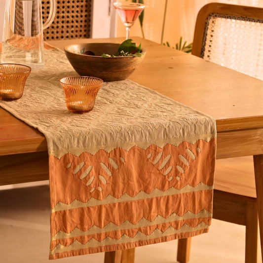 Taupe & Rust Applique Cotton Dining Table Runner | 15" x 60" | Marigold Collection