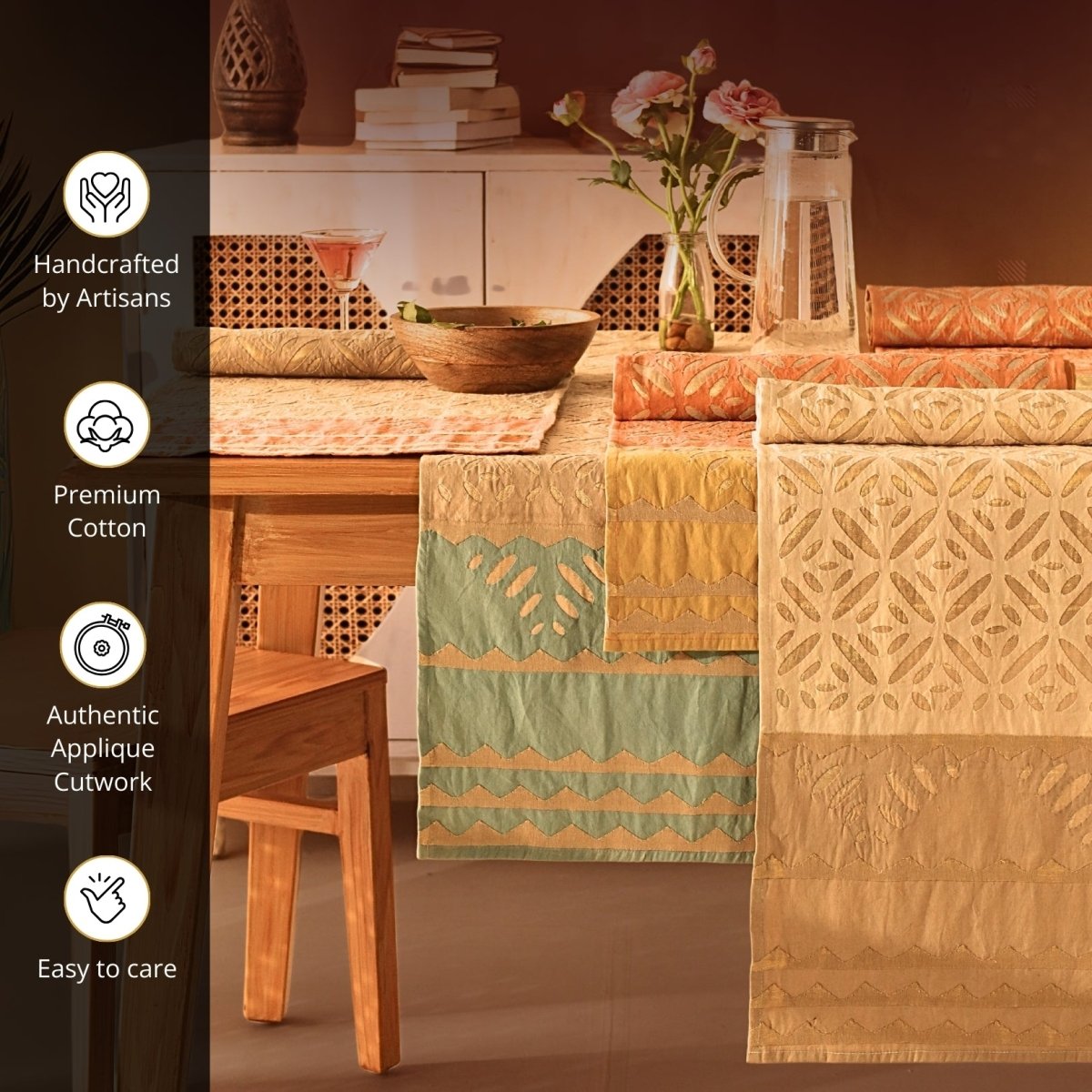 Taupe & Rust Applique Cotton Dining Table Runner | 15" x 60" | Marigold Collection