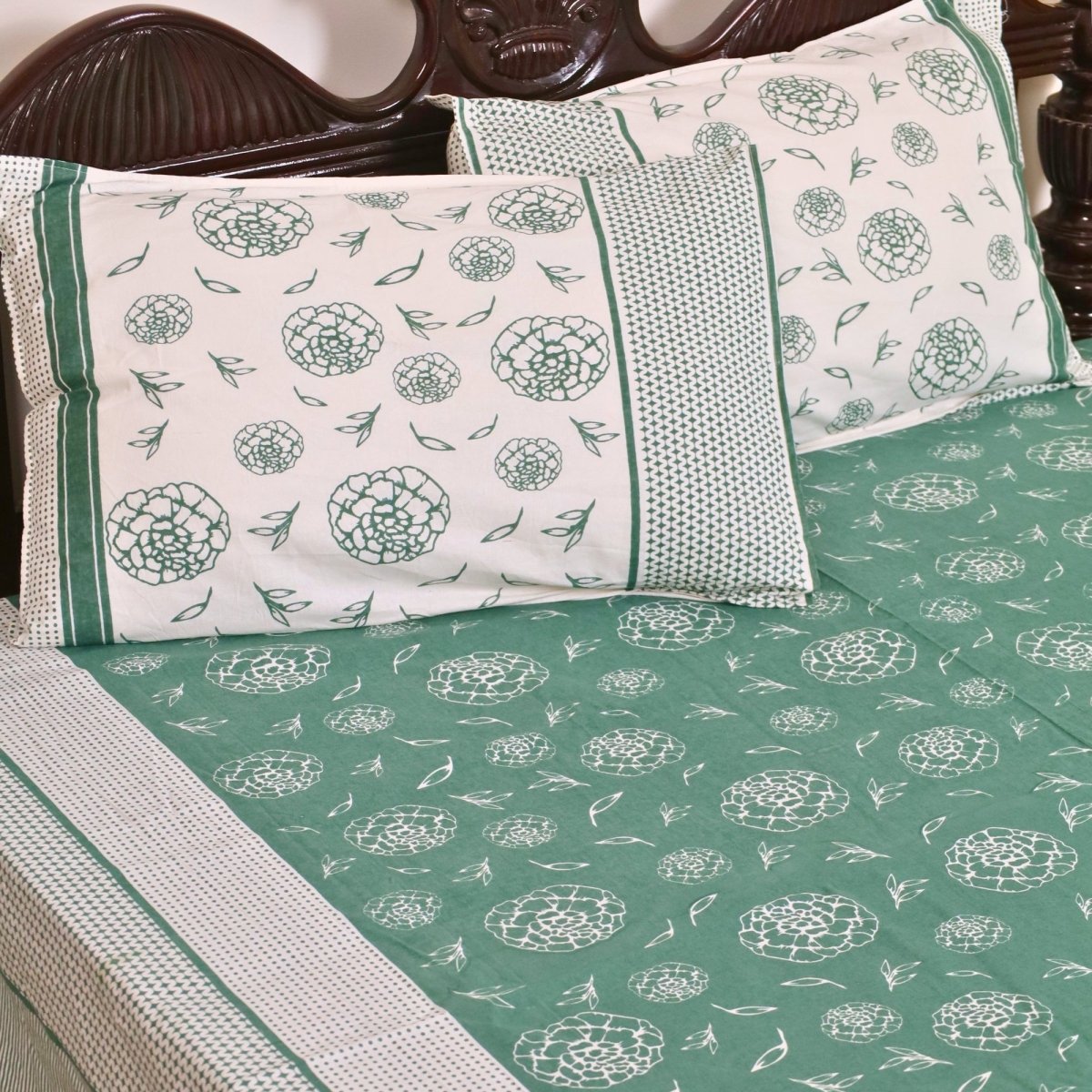 Teal Green & Off White Cotton Bedsheet with Pillow Cover | Marigold Collection
