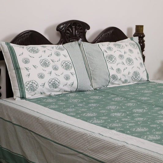 Teal Green & Off White Cotton Bedsheet with Pillow Cover | Marigold Collection