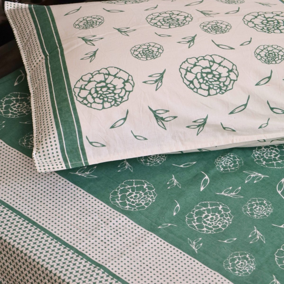 Teal Green & Off White Cotton Bedsheet with Pillow Cover | Marigold Collection