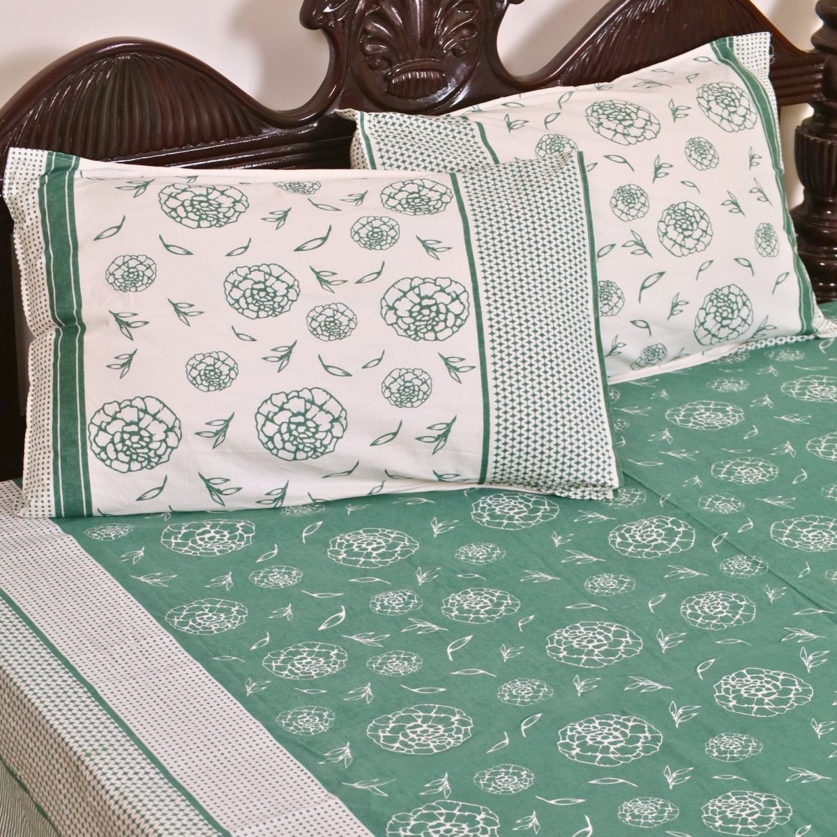 Teal Green & Off White Cotton Bedsheet with Pillow Cover | Marigold Collection