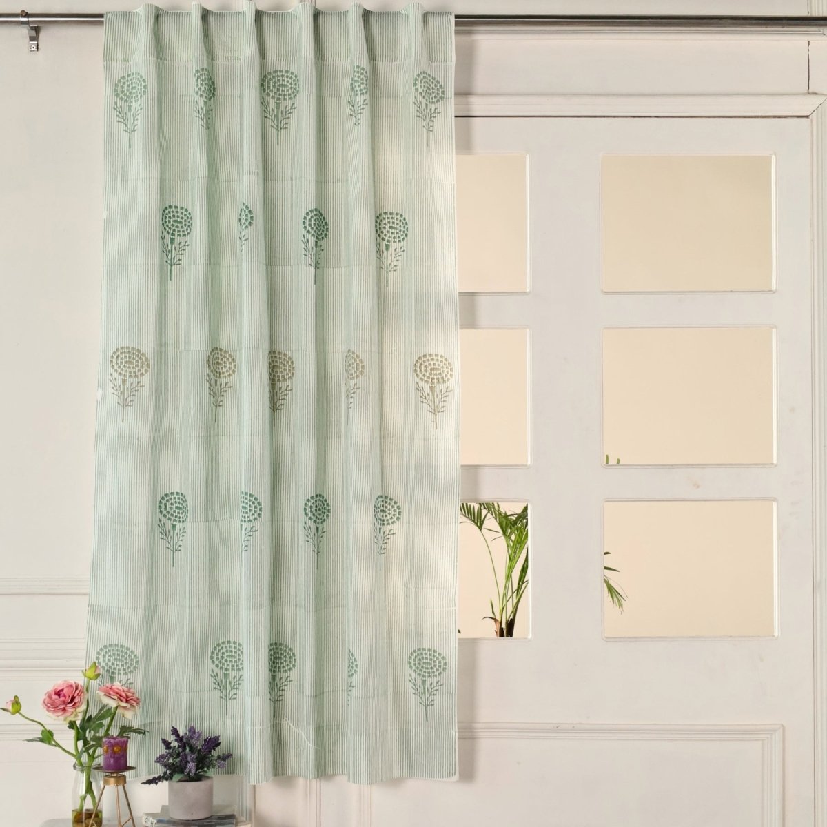 Teal, Green & Taupe Sheer Cotton Window And Door Curtains | 5 / 7 ft | Marigold Collection