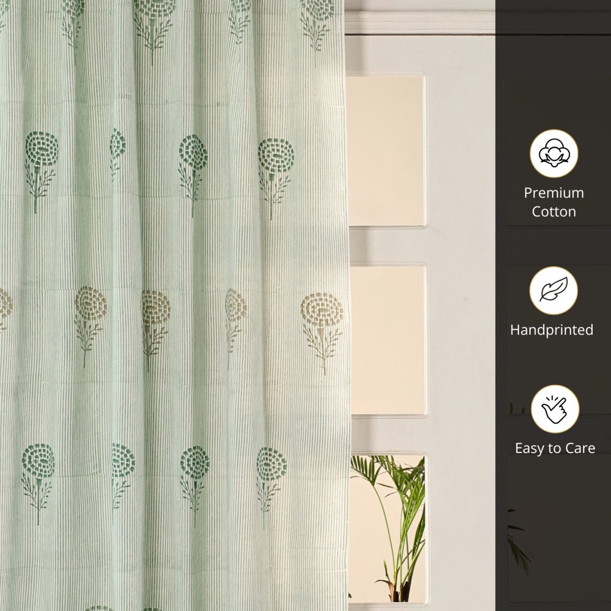 Teal, Green & Taupe Sheer Cotton Window And Door Curtains | 5 / 7 ft | Marigold Collection