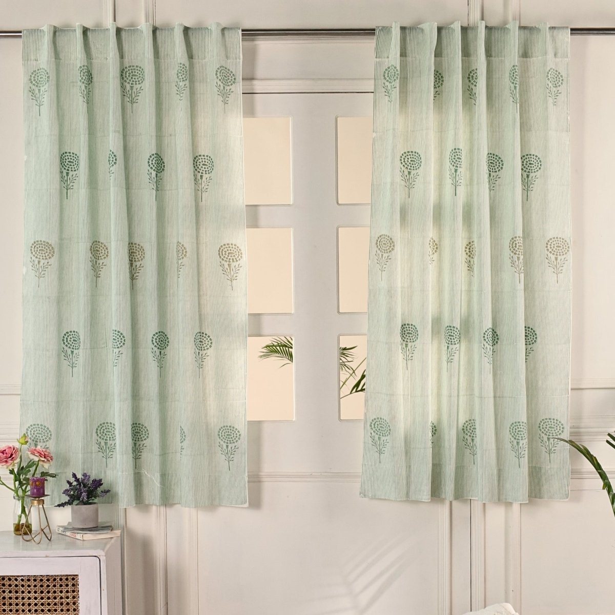 Teal, Green & Taupe Sheer Cotton Window And Door Curtains | 5 / 7 ft | Marigold Collection