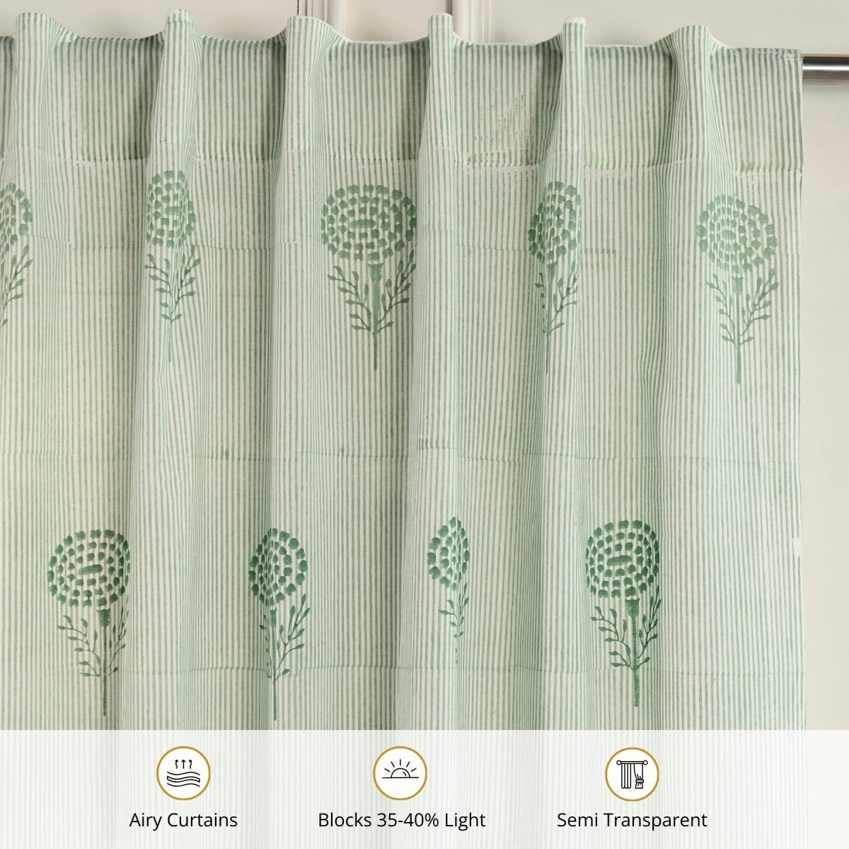 Teal, Green & Taupe Sheer Cotton Window And Door Curtains | 5 / 7 ft | Marigold Collection