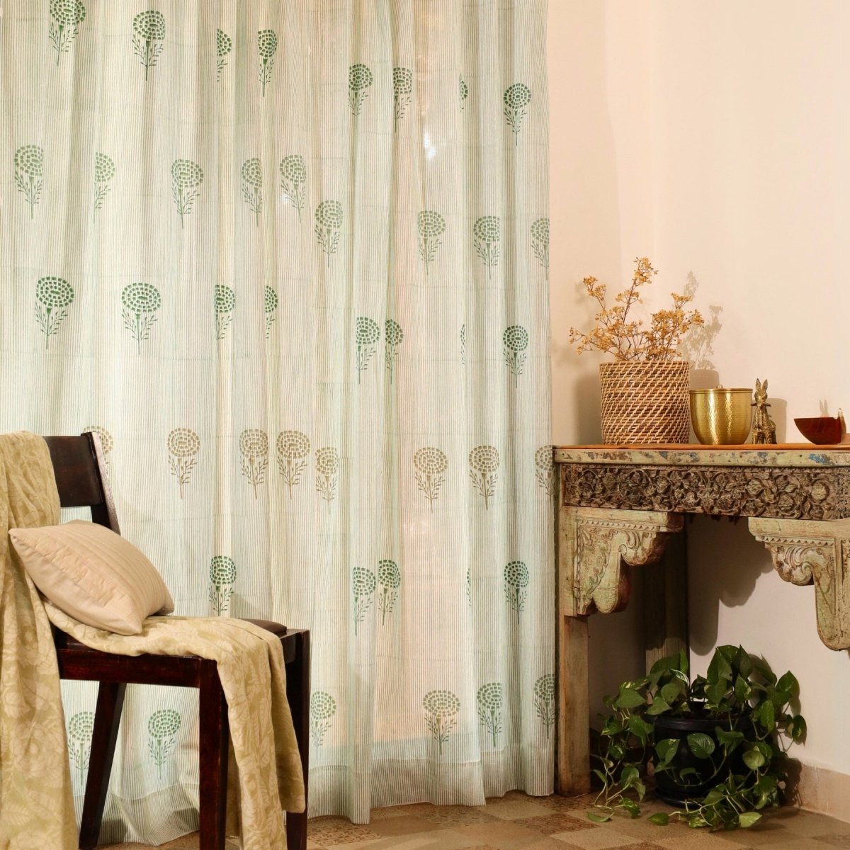 Teal, Green & Taupe Sheer Cotton Window And Door Curtains | 5 / 7 ft | Marigold Collection