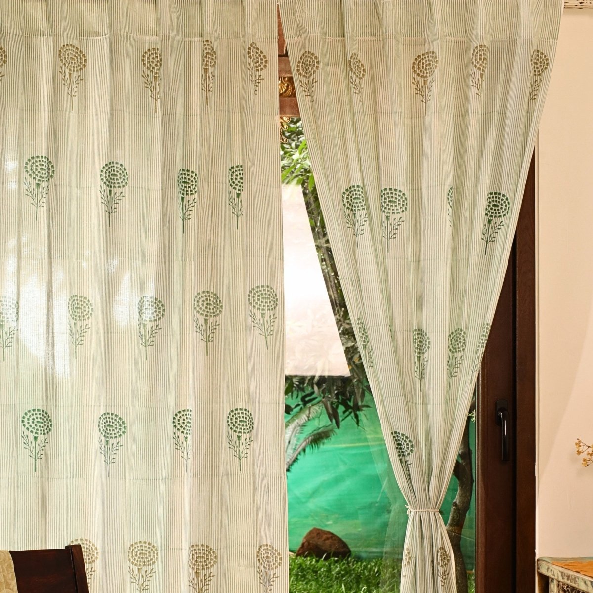 Teal, Green & Taupe Sheer Cotton Window And Door Curtains | 5 / 7 ft | Marigold Collection