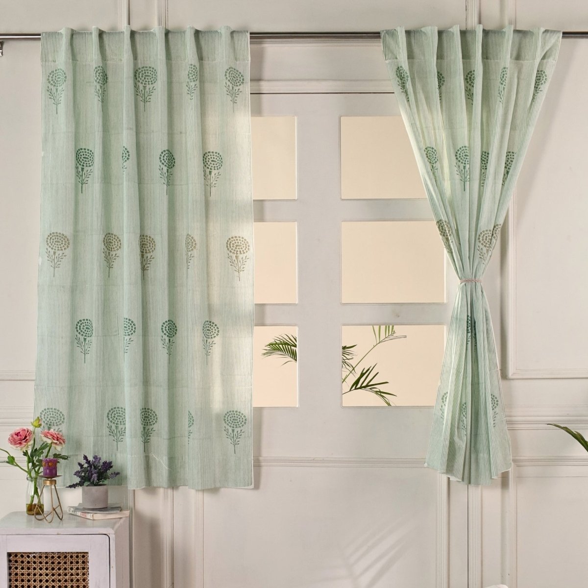 Teal, Green & Taupe Sheer Cotton Window And Door Curtains | 5 / 7 ft | Marigold Collection