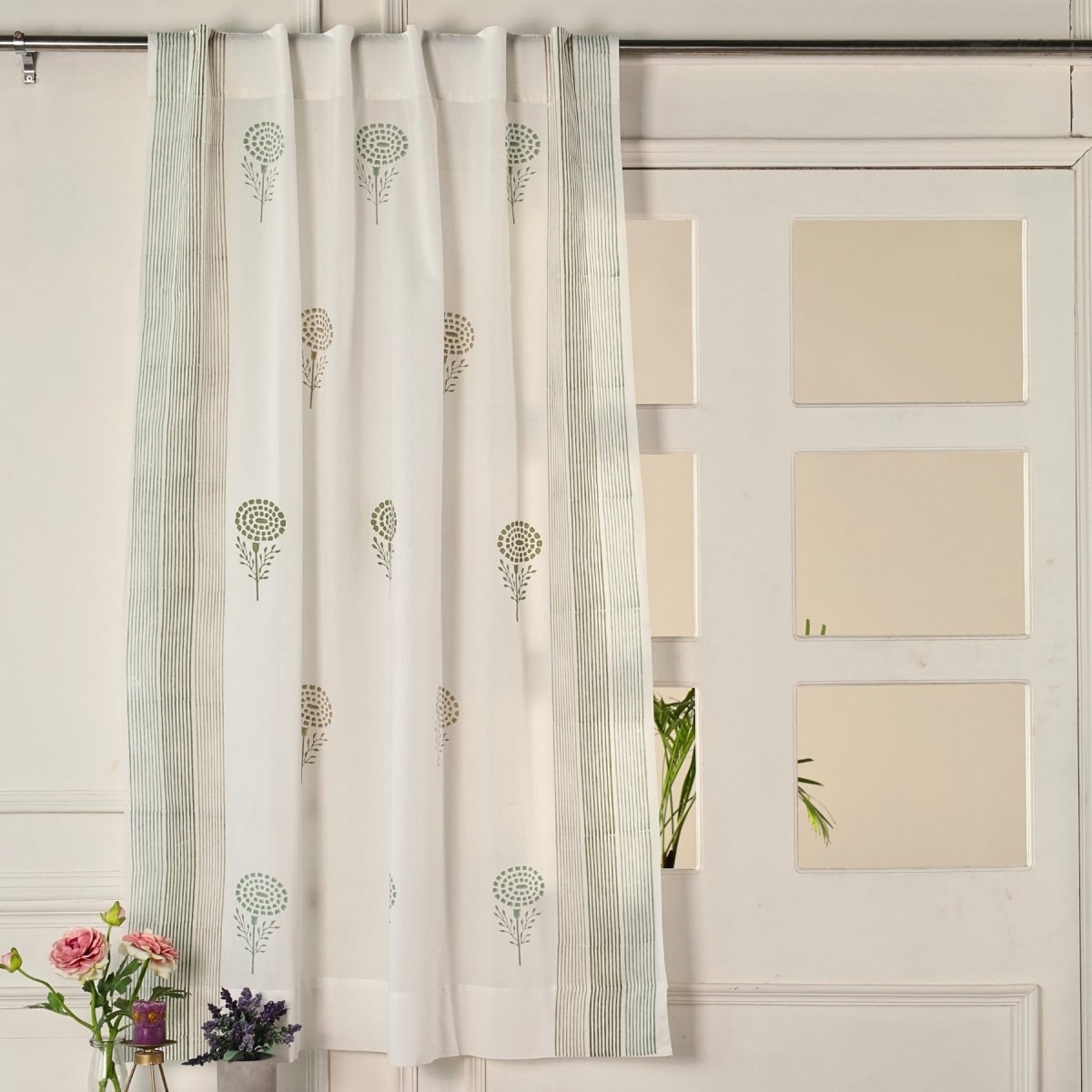 Teal, Green & Taupe Sheer Cotton Window Curtain | 5 / 7 ft | Marigold Collection