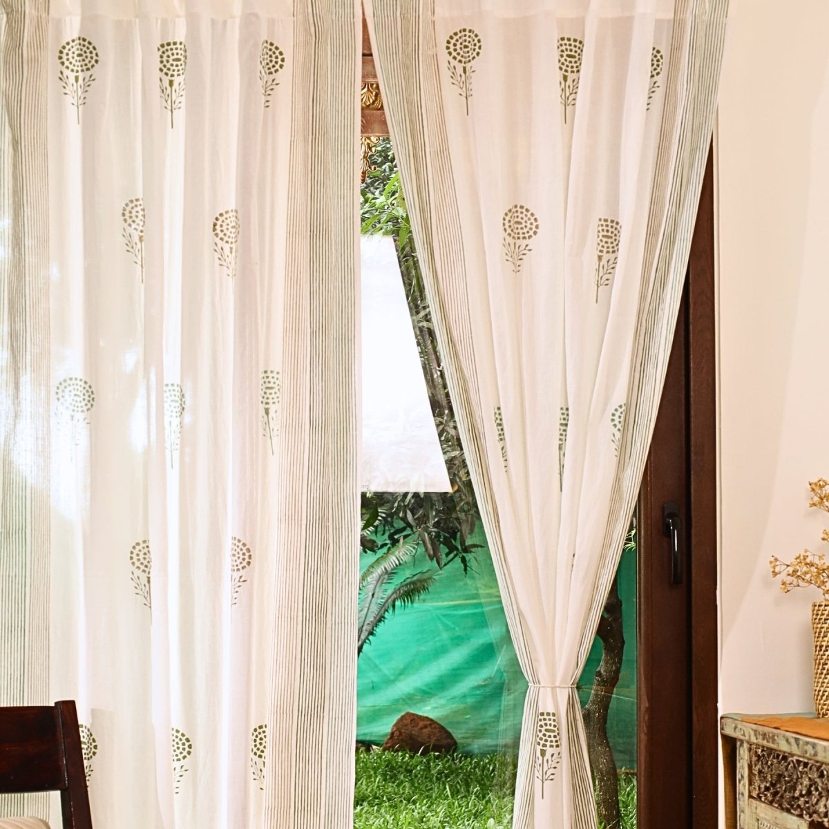 Teal, Green & Taupe Sheer Cotton Window Curtain | 5 / 7 ft | Marigold Collection