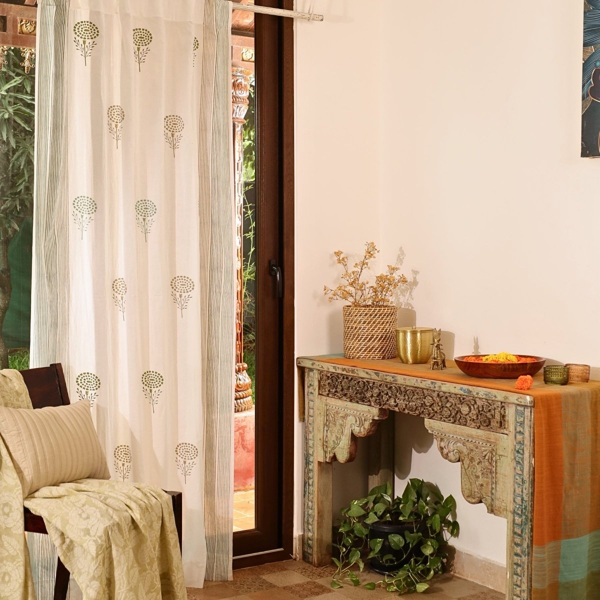 Teal, Green & Taupe Sheer Cotton Window Curtain | 5 / 7 ft | Marigold Collection
