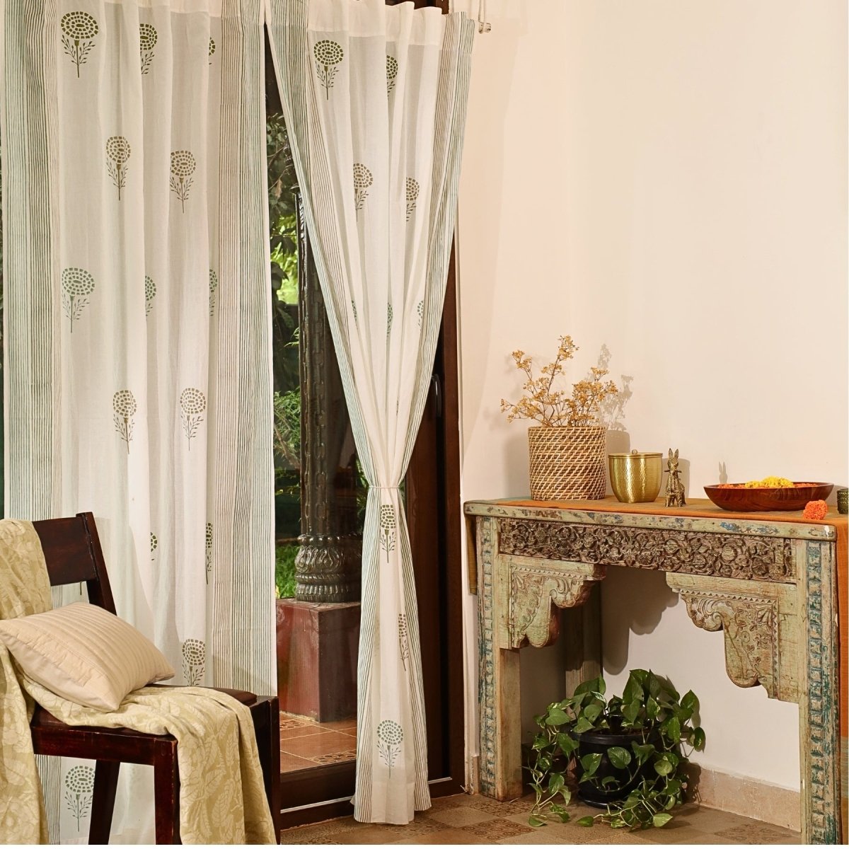 Teal, Green & Taupe Sheer Cotton Window Curtain | 5 / 7 ft | Marigold Collection