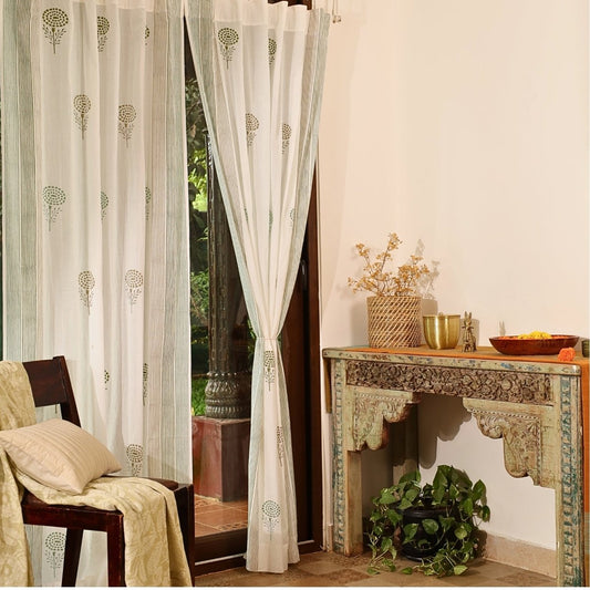 Teal, Green & Taupe Sheer Cotton Window Curtain | 5 / 7 ft | Marigold Collection