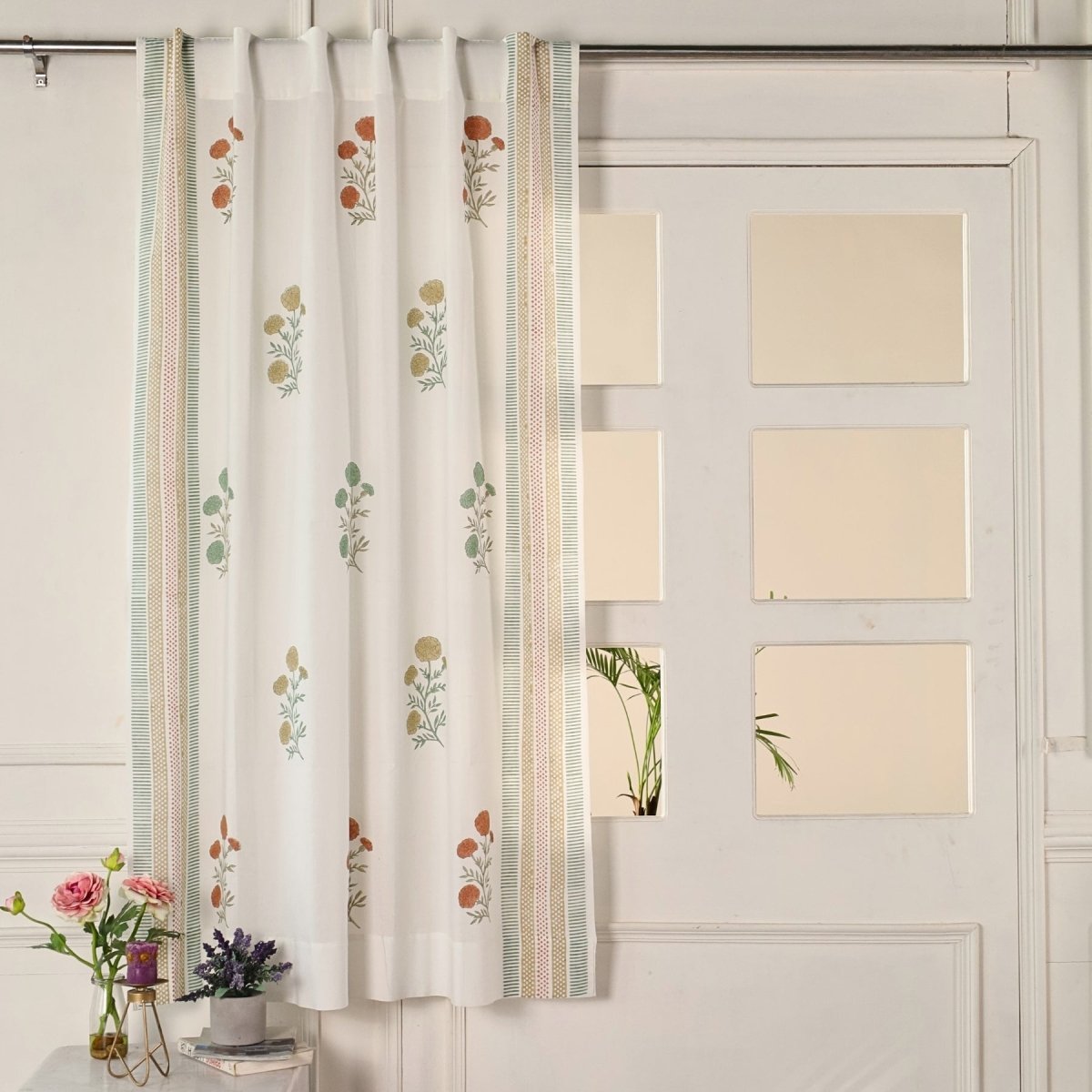 Teal, Mustard and Rust Sheer Cotton Window Curtain | 5 / 7 ft | Marigold Collection