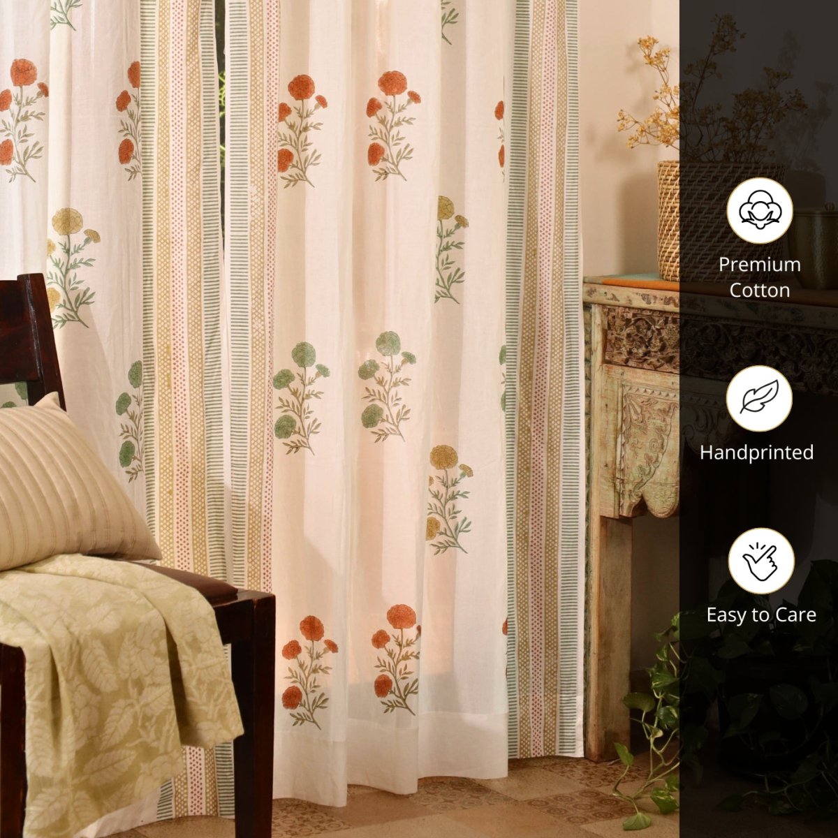 Teal, Mustard and Rust Sheer Cotton Window Curtain | 5 / 7 ft | Marigold Collection